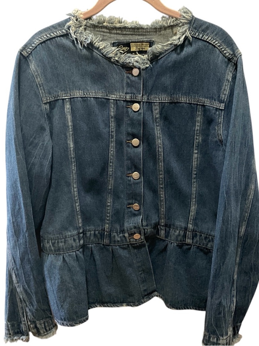 Suzanne Betro Jacket Womens XL Blue Denim Button Up Dark Wash Frayed Edge